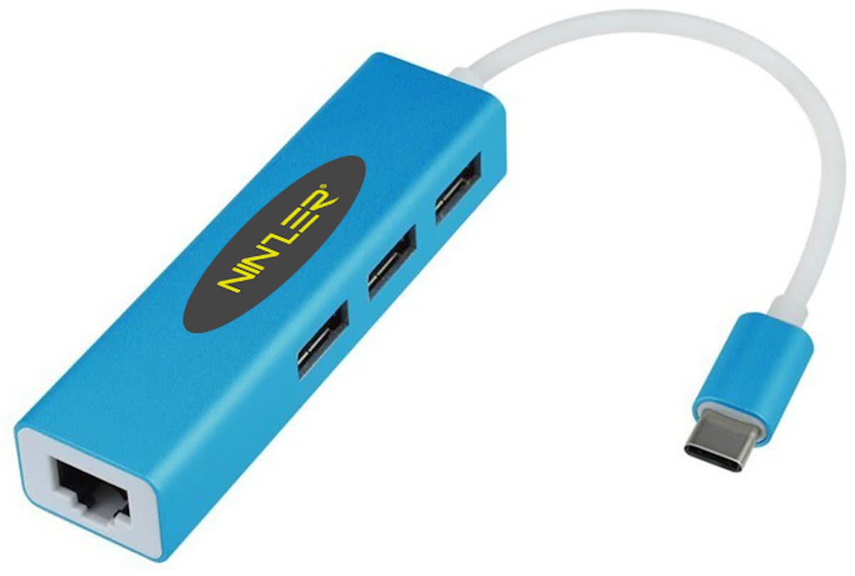 USB 3.1 Type-C naar USB HUB 3.0 + Gigabit Ethernet LAN RJ45 internet aansluiting | Blauw